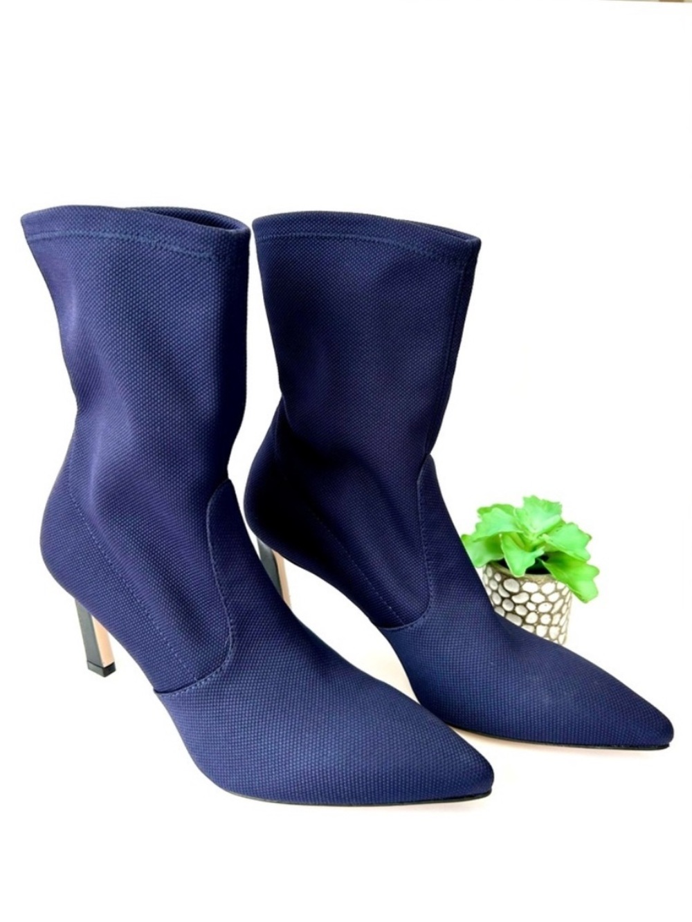 Stuart Weitzman Rapture Stretch-Knit Bootie Midi Heeled Boot Navy Blue 9 NWT